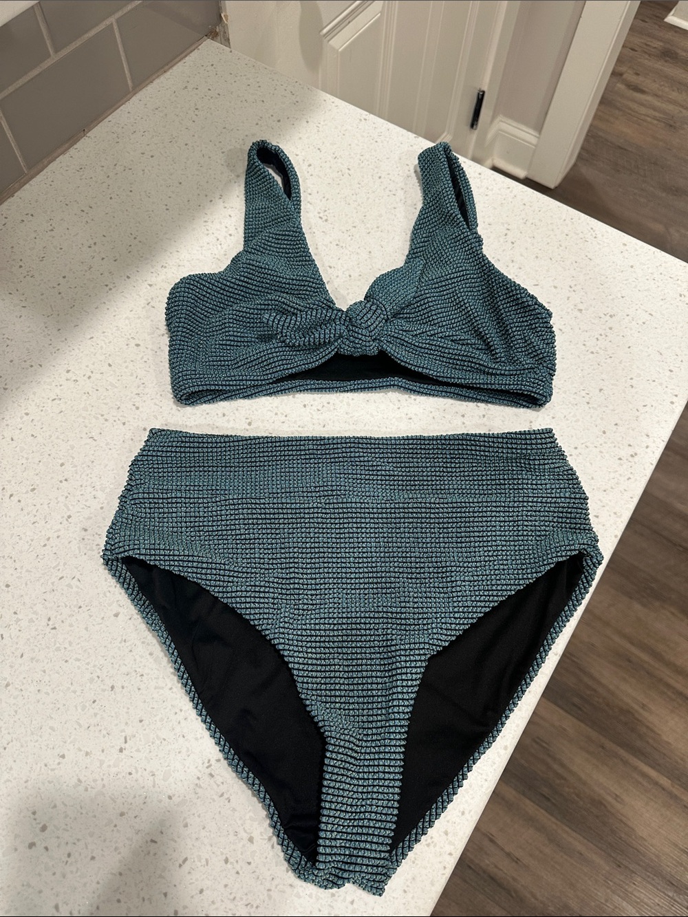 Textured Knot Front High-Waist Bikini Set - Teal